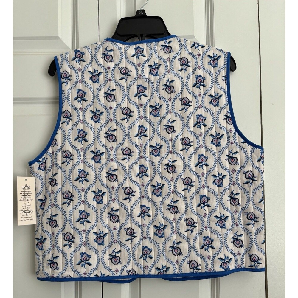 Nanette Lepore Quilted Vest Tie Front White Blue Floral Cotton Waistcoat L/XL - Picture 3 of 4